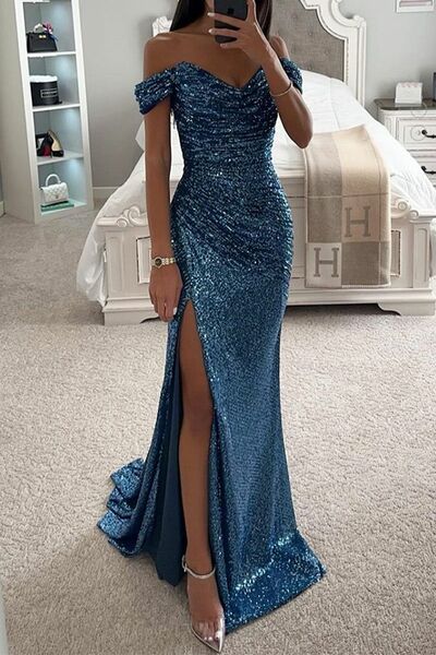 Elegant Sheath Blue Sequins Lace Side Slit Prom Dress Formal Dress Evening Gowns