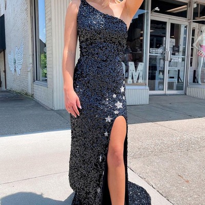 Charming sparkly one shoulder black sequins long mermaid prom dresses with stars ,pd231149