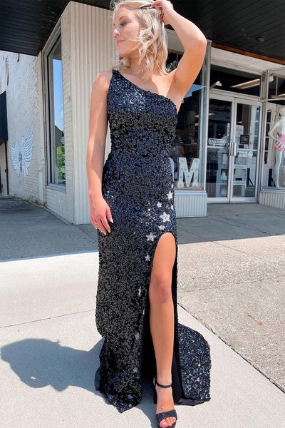 Charming Sparkly One Shoulder Black Sequins Long Mermaid Prom Dresses with Stars ,PD231149