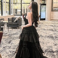 Charming Black Ball Gown V Neck Tulle Long Prom Dresses with Slit  ,PD231150 - Thumbnail 1