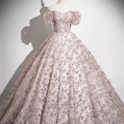 Pink tulle long prom dress, a-line off the shoulder party dress - Thumbnail 1