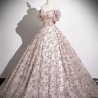 Pink Tulle Long Prom Dress, A-Line Off the Shoulder Party Dress - Thumbnail 1