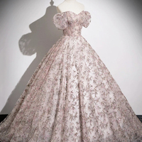 Pink Tulle Long Prom Dress, A-Line Off the Shoulder Party Dress - Thumbnail 2