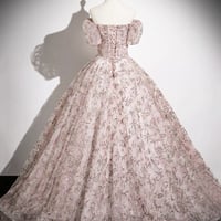 Pink Tulle Long Prom Dress, A-Line Off the Shoulder Party Dress - Thumbnail 3
