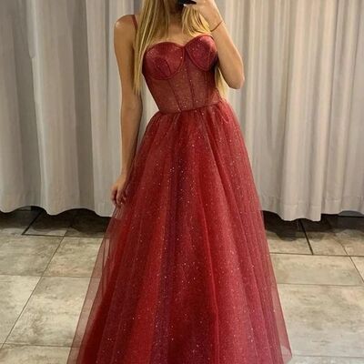 Red a line sequins prom dress formal dress evening gowns - Thumbnail 3