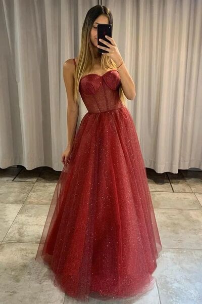 Red A Line Sequins Prom Dress Formal Dress Evening Gowns