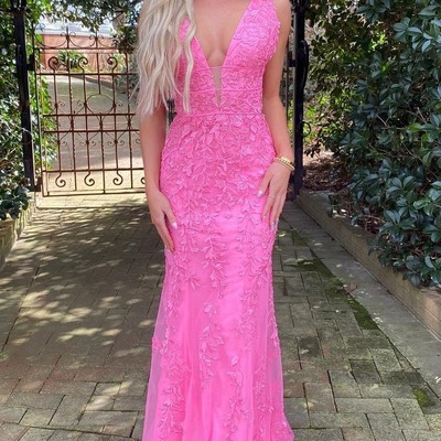 Charming v neck hot pink lace long mermaid prom dresses,pd231151