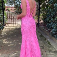 Charming V Neck Hot Pink Lace Long Mermaid Prom Dresses,PD231151 - Thumbnail 1