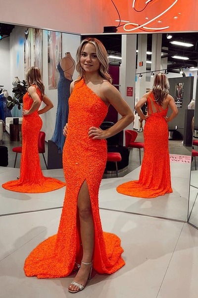 Sparkly One Shoulder Orange Sequins Long Mermaid Prom Dresses with Slit,PD231152