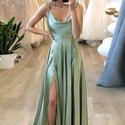 Charming cowl neck sage green silk satin a line long prom dresses with slit,pd231154