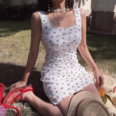 Small fresh cherry strawberry print slim knitted dress - Thumbnail 5