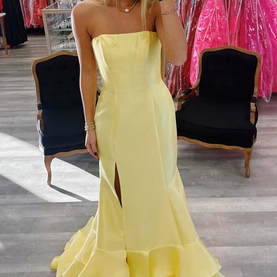 Cute strapless yellow satin tiered mermaid prom dress with slit ,pd231157