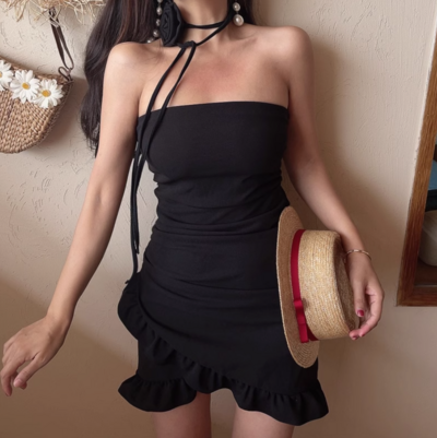 Ruffled 3D Flower Tube Dress Pleated Waist Wrap Dress