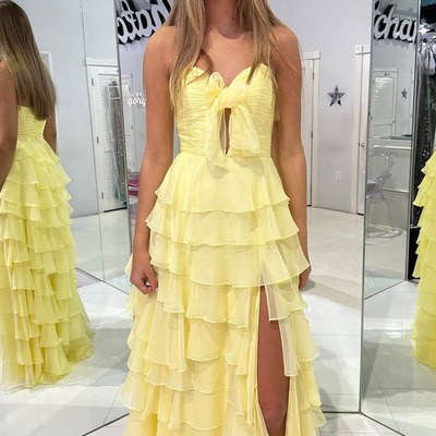Elegant sweetheart keyhole yellow chiffon tiered a line prom dress ,pd231160