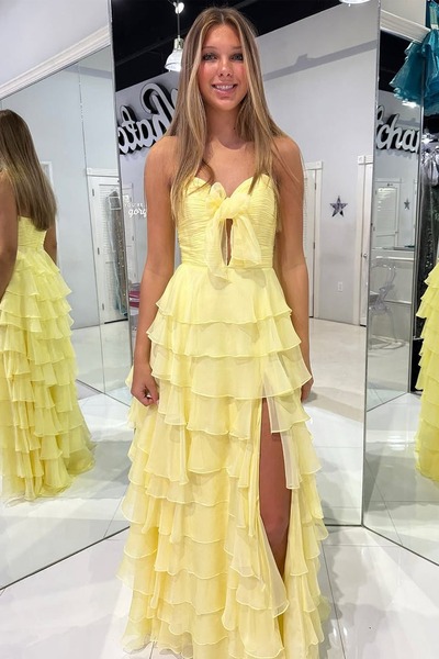 Elegant Sweetheart Keyhole Yellow Chiffon Tiered A Line Prom Dress ,PD231160