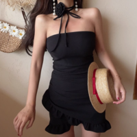 Ruffled 3D Flower Tube Dress Pleated Waist Wrap Dress - Thumbnail 1