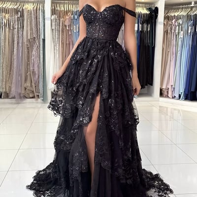 Black lace sequins layered long prom dresses, off the shoulder evening party dress - Thumbnail 2