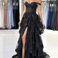Black Lace Sequins Layered Long Prom Dresses, Off the Shoulder Evening Party Dress - Thumbnail 1