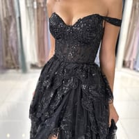Black Lace Sequins Layered Long Prom Dresses, Off the Shoulder Evening Party Dress - Thumbnail 2