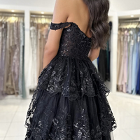 Black Lace Sequins Layered Long Prom Dresses, Off the Shoulder Evening Party Dress - Thumbnail 4