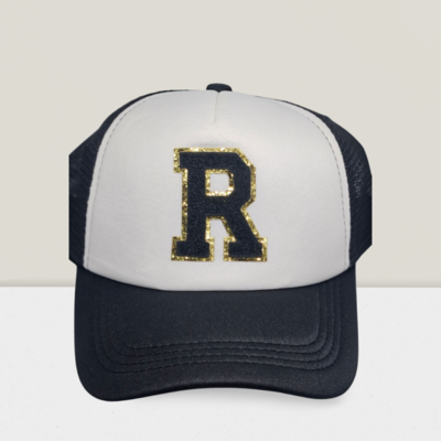 Black trucker hat - custom monogram-red label- 