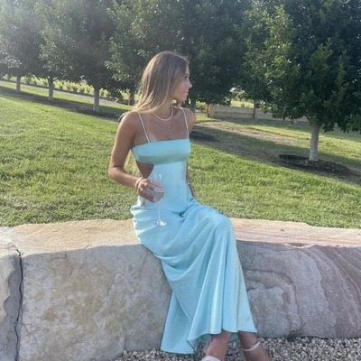 Charming sheath straps aqua blue silk satin prom dress  ,pd231162
