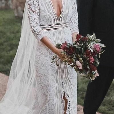 Sexy sheath wedding dress, boho lace bridal dress wedding gown