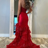 Sparkly Sweetheart Dark Red Satin Tiered Mermaid Prom Dress ,PD231163 - Thumbnail 1