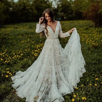 Boho a-line wedding dress, bohemian lace bridal dress wedding gown
