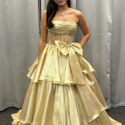Ball gown gold organza tiered strapless prom dresses with bow,pd231165