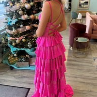 Sparkly Hot Pink  Beading Tiered Slit V Neck Prom Dress,PD231166 - Thumbnail 1