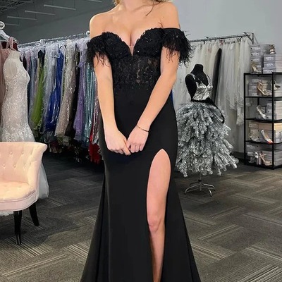 Charming off the shoulder black lace slit mermaid prom dress with feather,pd231168
