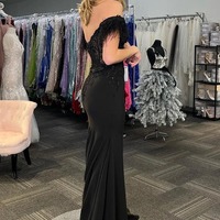 Charming Off the Shoulder Black Lace Slit Mermaid Prom Dress with Feather,PD231168 - Thumbnail 1