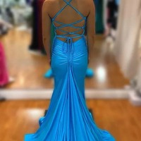 Cute V Neck Blue Satin Slit Mermaid Prom Dress,PD231169 - Thumbnail 1