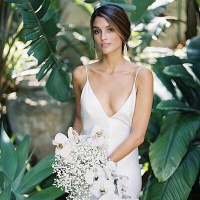 Simple v-neck sexy wedding dress, sheath satin bridal dress