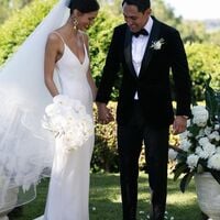 Simple V-neck Sexy Wedding Dress, Sheath Satin Bridal Dress - Thumbnail 1