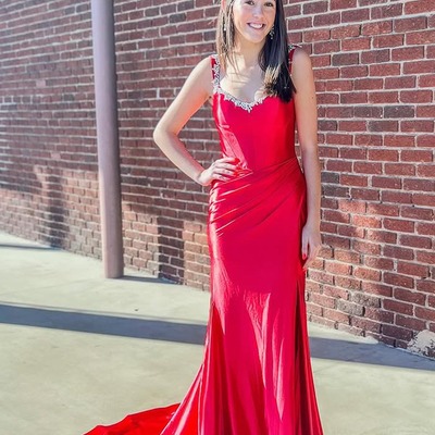 Cute v neck red satin slit mermaid prom dress with beading,pd231170
