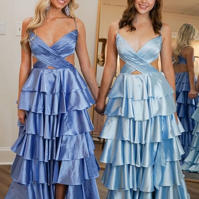 Fairy v neck tiered satin a line long prom dress with slit ,pd231174