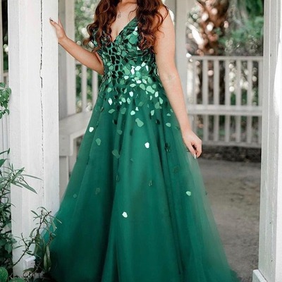 Cute green a line v neck tulle prom dresses with beading,pd231178