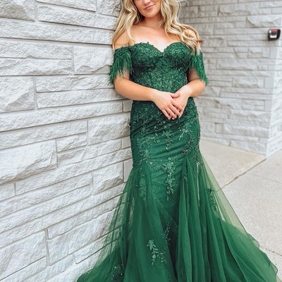 Charming dark green mermaid sweetheart lace prom dresses with feather,pd231179