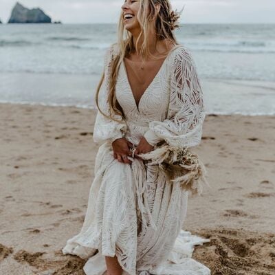 Sexy boho a-line wedding dress, bohemian lace bridal dress wedding gown - Thumbnail 3