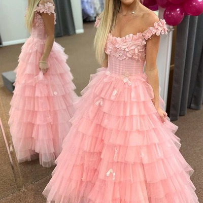 Cute off the shoulder tiered tulle a line long prom dresses with appliques,pd231180