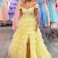 Cute Off the Shoulder Tiered Tulle A Line Long Prom Dresses with Appliques,PD231180 - Thumbnail 1