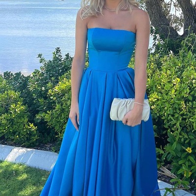 A-line blue strapless satin long prom dresses,pd231183