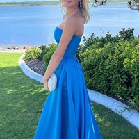 A-Line Blue Strapless Satin Long Prom Dresses,PD231183 - Thumbnail 1