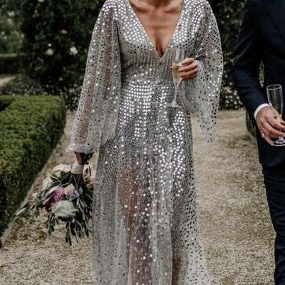 Silver mermaid wedding dress, sequins lace bridal dress wedding gown