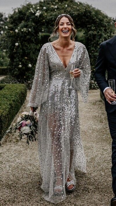 Silver Mermaid Wedding Dress, Sequins Lace Bridal Dress Wedding Gown