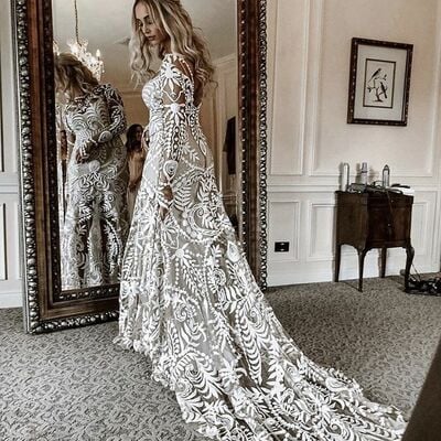 Boho mermaid wedding dress, bohemian lace bridal dress wedding gown