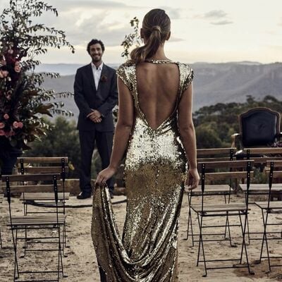 Sexy golden wedding dress, sequins lace bridal dress wedding gown
