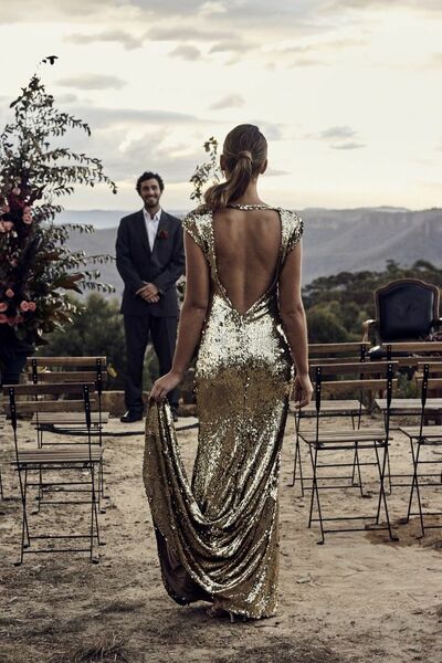 Sexy Golden Wedding Dress, Sequins Lace Bridal Dress Wedding Gown